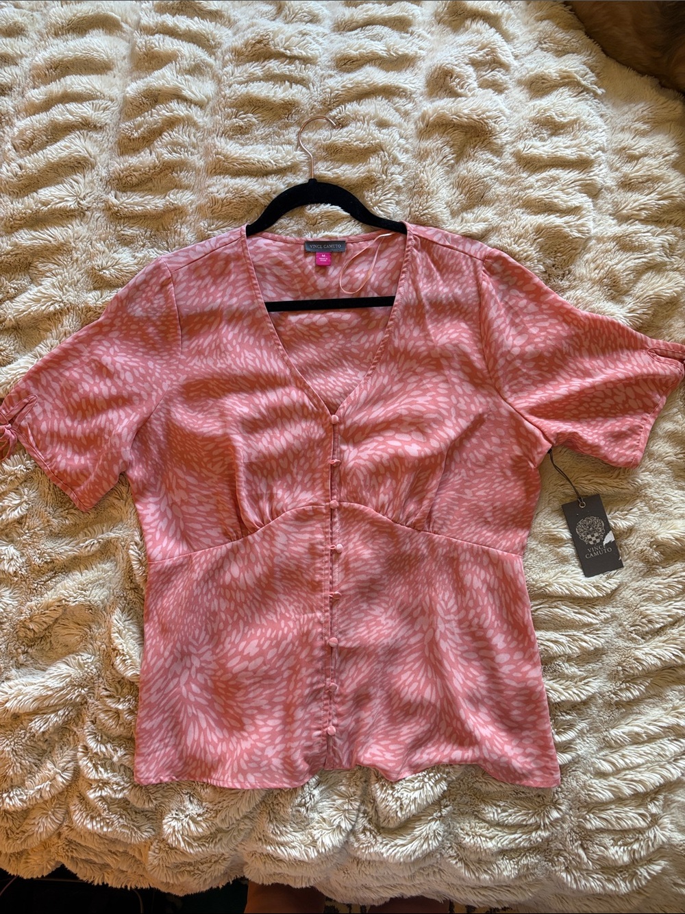 Vince Camuto Pink Printed V-Neck Button Front Blouse